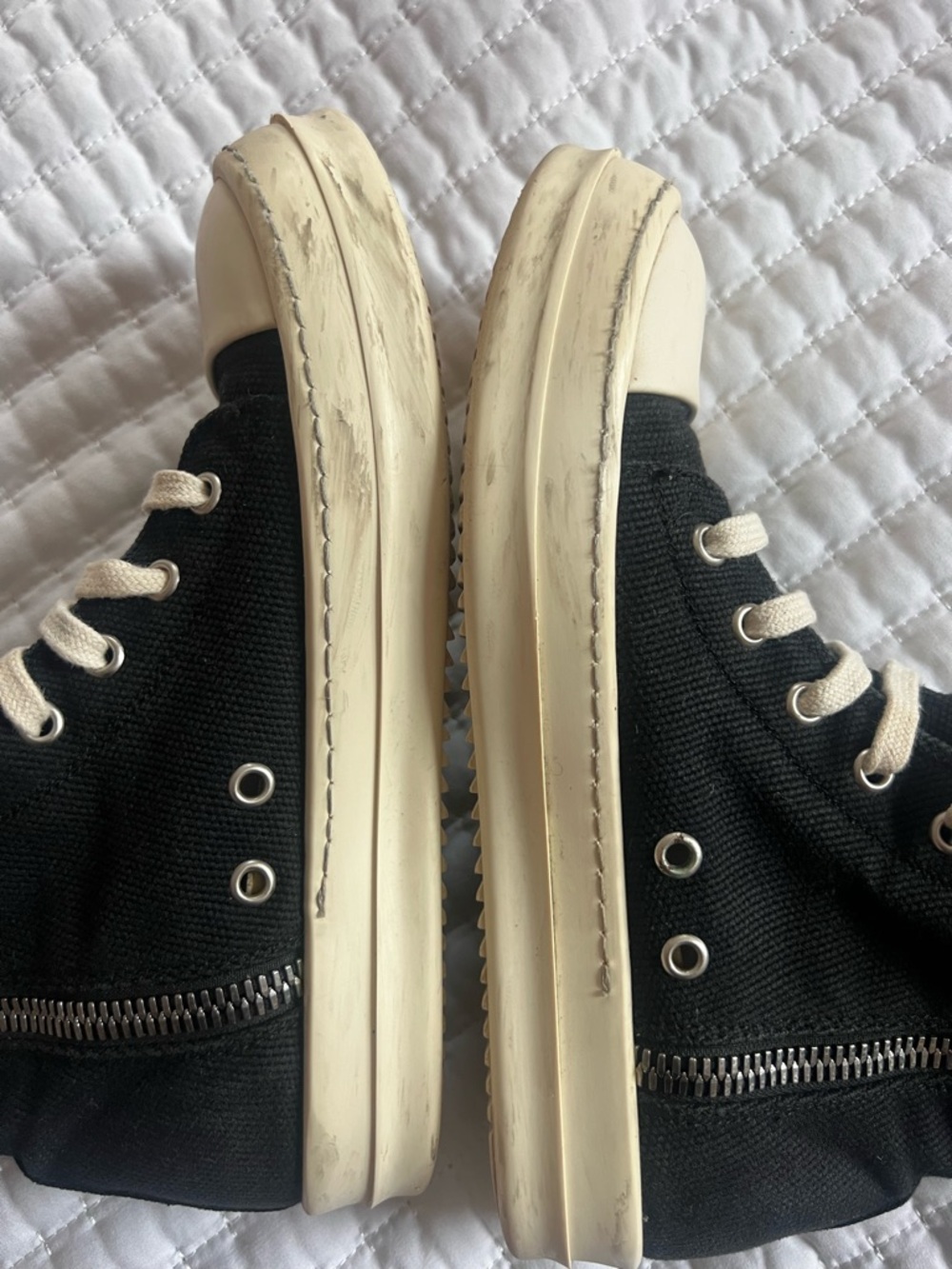 Rick Owens DRKSHDW Black Canvas High-Top Sneakers with Off-White Soles